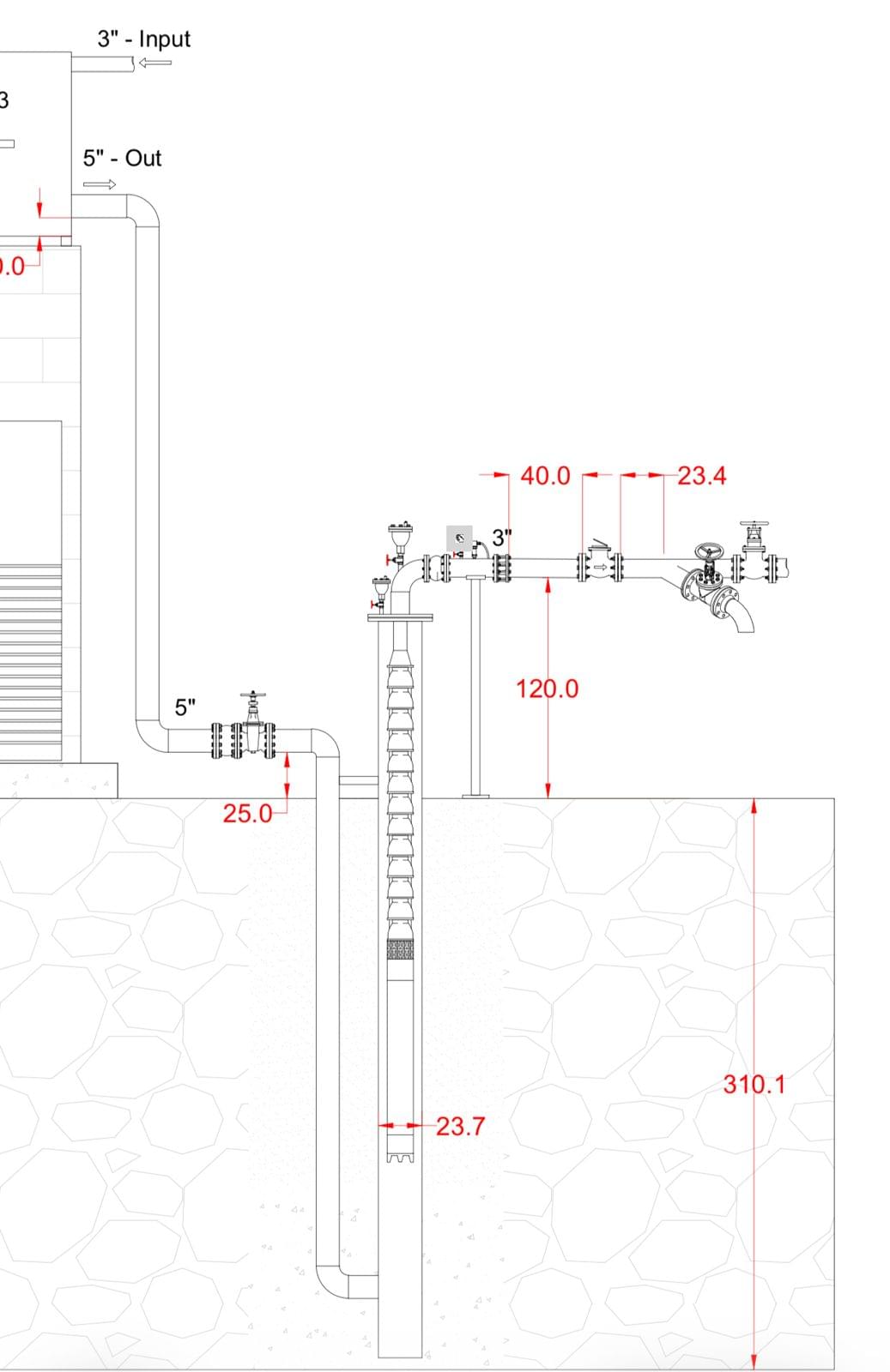 Technical engineering drawing of deep well pump installation
